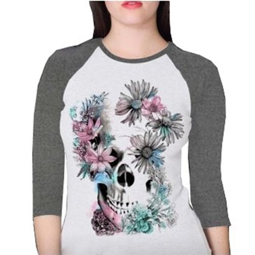 Camiseta Raglan Skull Flower Branca Mescla Feminino