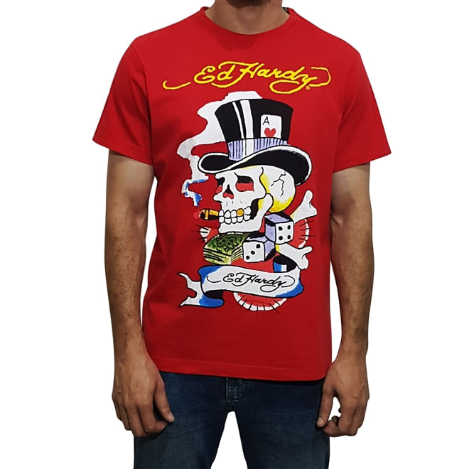 Camiseta Ed Hardy Caveira Cartola Vermelha