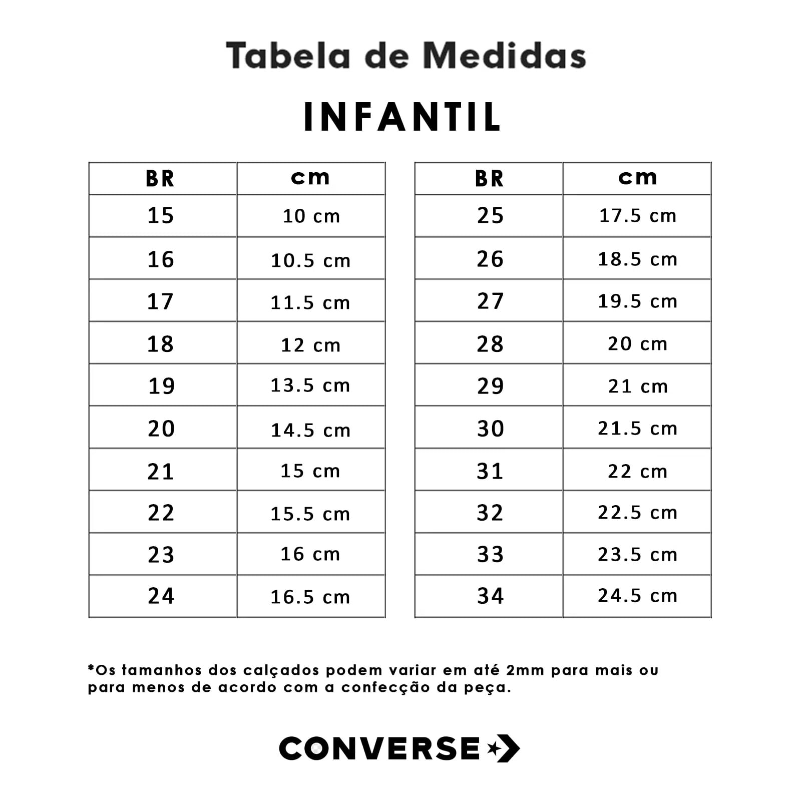 Tabela de tamanho all star sales converse infantil