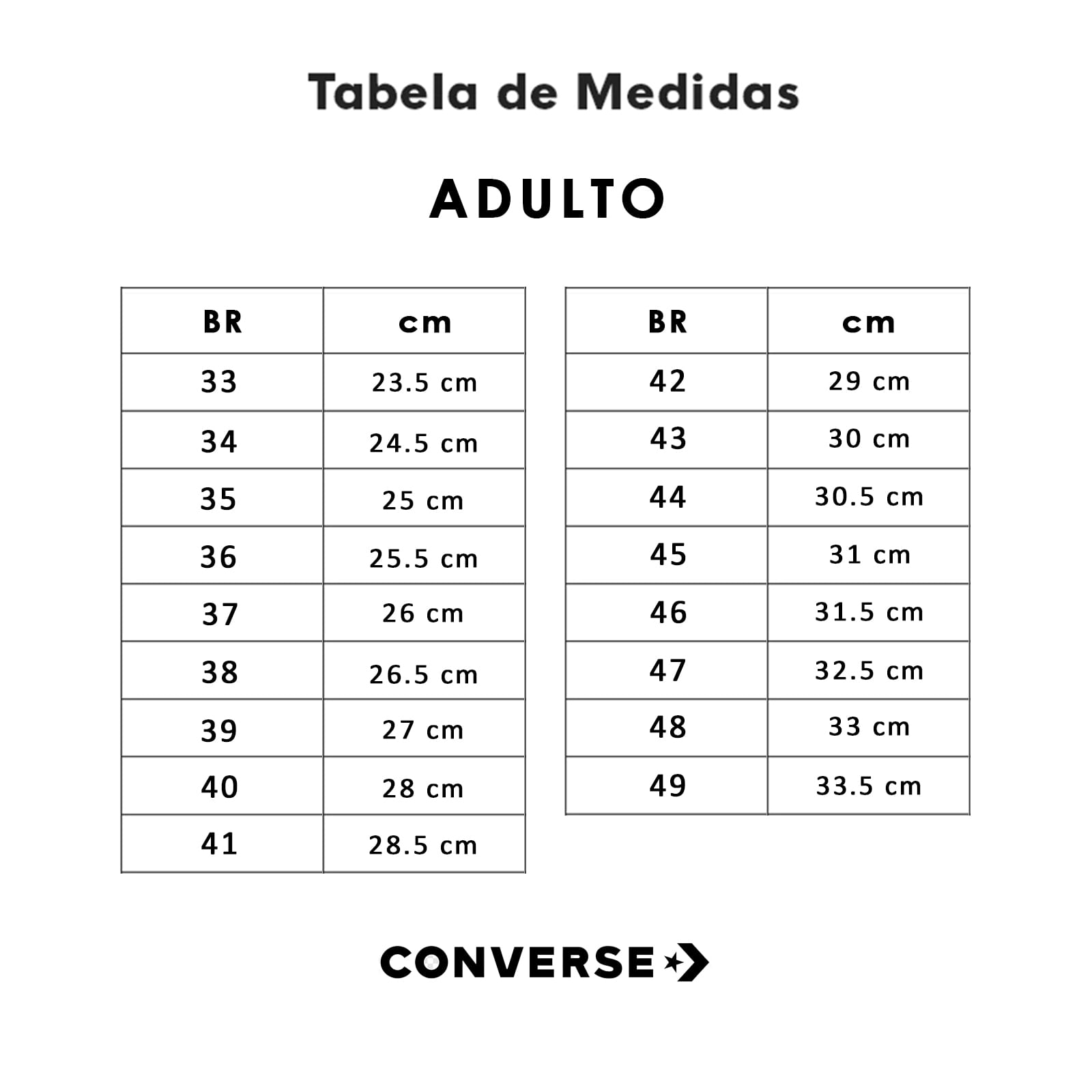 Tabela de medidas cheap converse all star